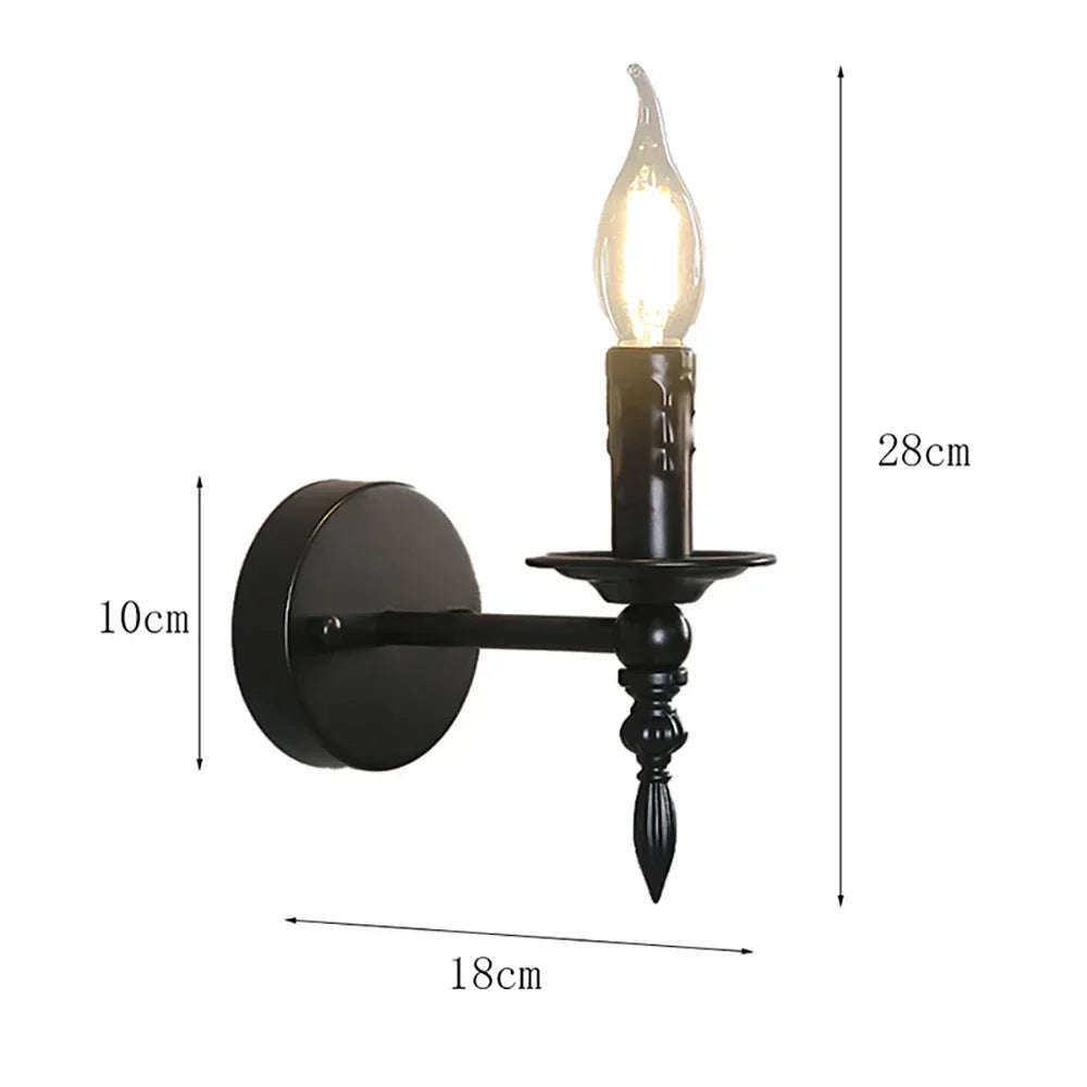 DecorBites™ Iron Art Wall Lamp: Retro Black Candle LED Sconces for Living Room, Bedside & Corridor