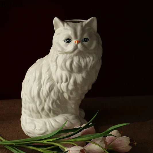 DecorBites™ Ceramic White Cat Vase for Desk Decor and Artificial Flowers Arrangement