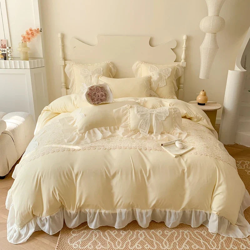 Decobites Romantic Lace Ruffles Bedding Set with Bow Decoration - Pink Girls Duvet Cover Set