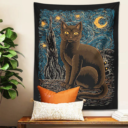 Decobites Starry Night Cat Tapestry: Van Gogh Inspired Mysterious Wall Decor