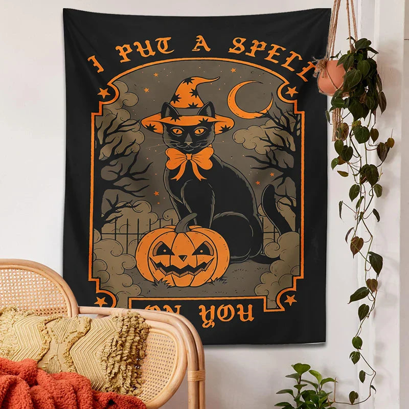 Decorbites™ Tapiz de gato de Halloween colgante de pared para decoración hogareña dulce y espeluznante