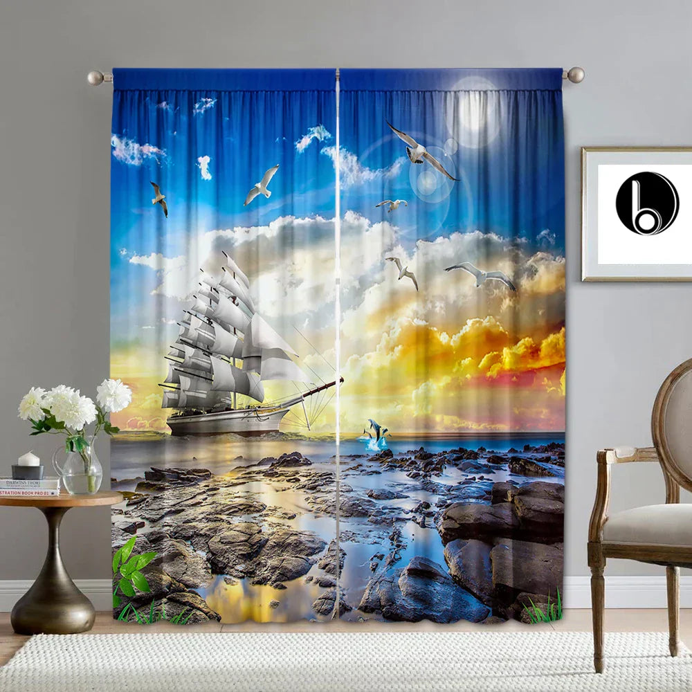 Decobites Ocean Sail & Lighthouse Screen Curtain Set for Kitchen & Coffee Shop