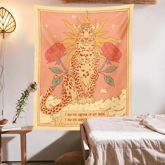 Bohemian Sun Tapestry Wall Hanging by Decobites - Tiger Floral Tarot Moon Aesthetic