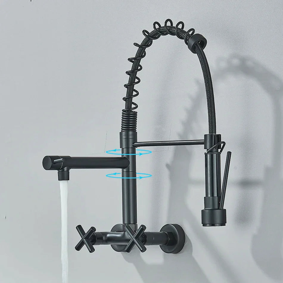 Decorbites™ Grifo de Cocina Dorado Negro de Montaje en Pared con Extracción y Dos Caños Giratorios