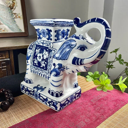 DecorBites™ Elephant Statue, Blue & White Ceramic Table Accessory, Home Decor