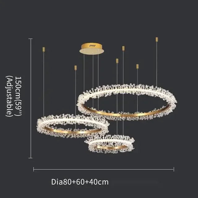 Lámpara de araña LED DecorBites™ con anillo de cristal dorado para decoración del hogar. Ideal para sala de estar, comedor y dormitorio de lujo.