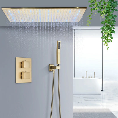 Juego de grifería termostática para ducha DecorBites™ con luz LED en oro cepillado y cabezal de ducha tipo lluvia para techo