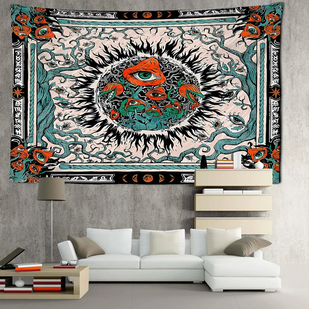 Orange Eyed Mushroom Sun Tapestry - Decobites Abstract Psychedelic Room Decor