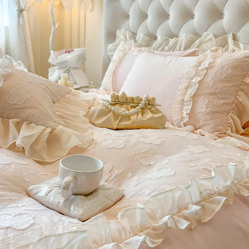 Decobites Princess Flowers Lace Ruffles Bedding Set: 100% Cotton Duvet Cover, Fitted Sheet, Bed Sheet, Pillowcases