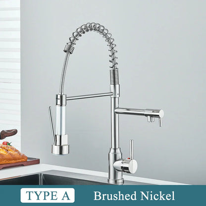 DecorBites™ Brass Kitchen Sink Faucet: Pull Down Dual Spout, 360 Rotation, Hot/Cold Mixer, 2 Modes