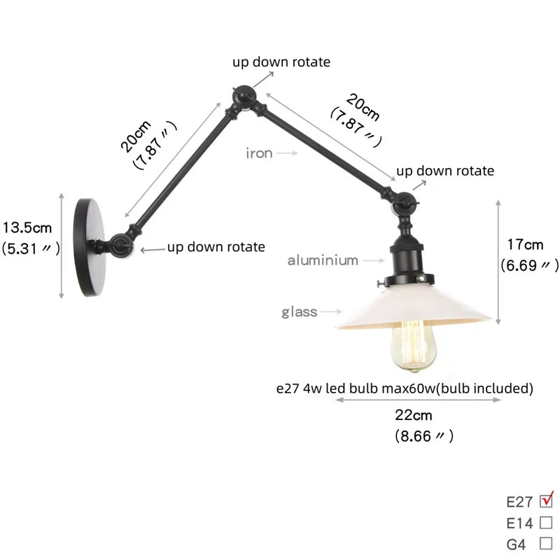 DecorBites™ Industrial Loft Swing Arm Wall Sconce Clear Glass Pull Chain Switch Bedside Lamp