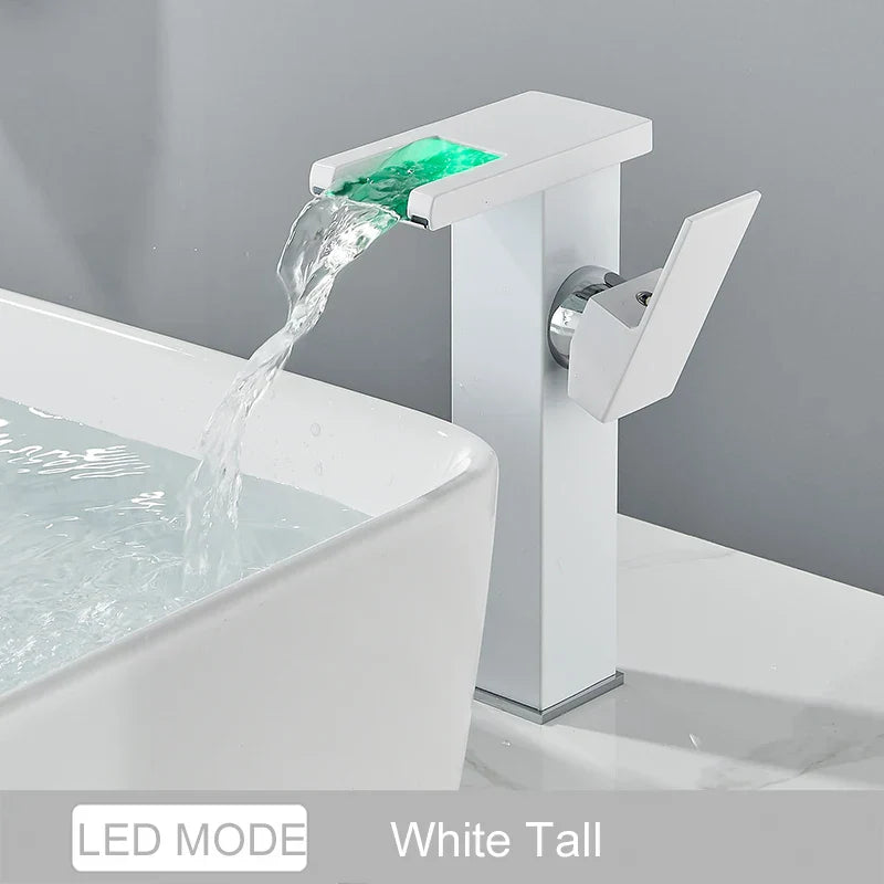 DecorBites™ Black LED Waterfall Bathroom Faucet, Deck Mounted, Three Color Change