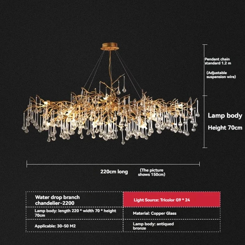 DecorBites™ French Crystal Chandelier for Dining Room: Elegant Copper Branch Ceiling Light