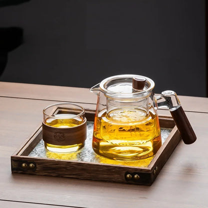 DecorBites™ Glass Tea Set with Wooden Handle Teapot on Retro Glass Tray