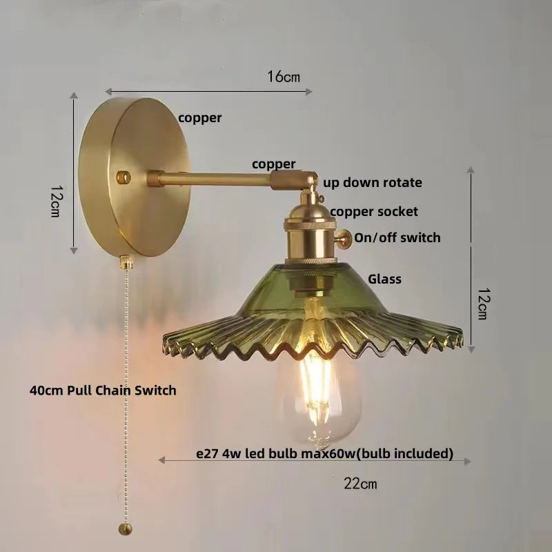 Decorbites™ Grüne Glas-LED-Wandleuchten mit Zugschalter - Vintage-Kupfer-Wandleuchte