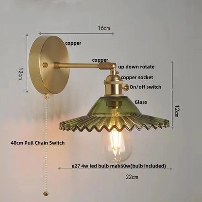 Decorbites™ Grüne Glas-LED-Wandleuchten mit Zugschalter - Vintage-Kupfer-Wandleuchte