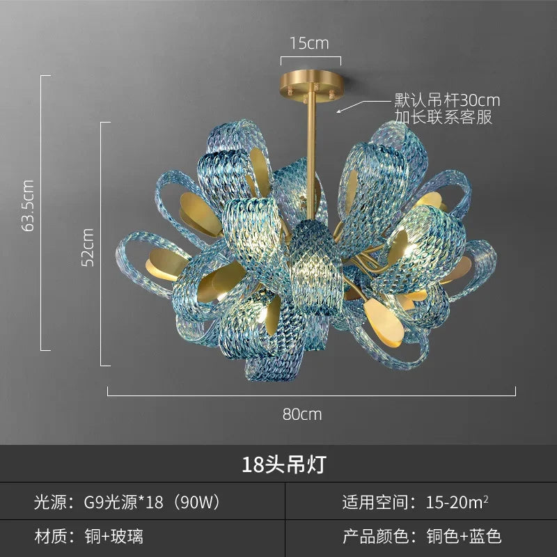 DecorBites™ Elegant Blue Copper LED Flower Ceiling Chandelier for Living Dining Bedroom & Salon