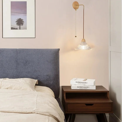 DecorBites™ Clear Glass LED Wall Lights with Wood Pull Chain Switch, Modern Art Bedside Lamp