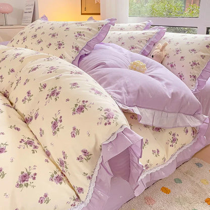 Decobites Floral Ruffles Bedding Set with Duvet Cover, Sheets, and Pillowcases