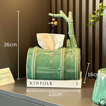 علبة مناديل من الخيزران من DecorBites™: تصميم من الخيزران الأخضر الخزفي لديكور طاولة القهوة والمكتب