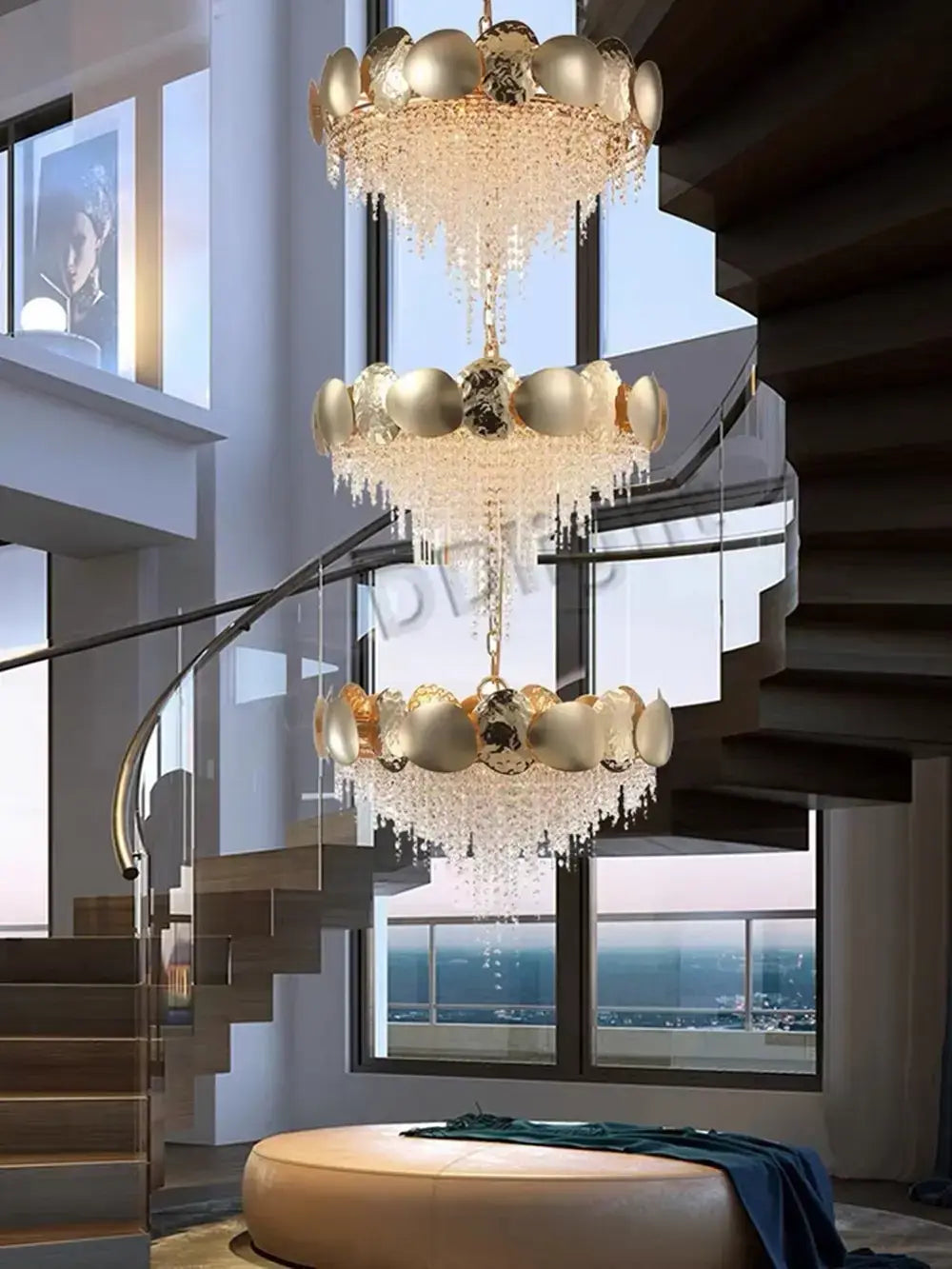 Luxury gold crystal led ceiling chandelier featuring multi-tiered design with gold-toned spherical accents and cascading crystal droplets for living room.