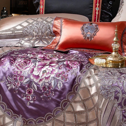 Decobites Palace Style Purple Flowers Bedding Set Embroidered Brocade Duvet Cover Sheets Pillows