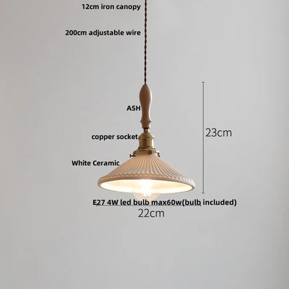 DecorBites™ LED Pendant Light Ash Wood White Ceramic Japanese Style Hanging Lamp