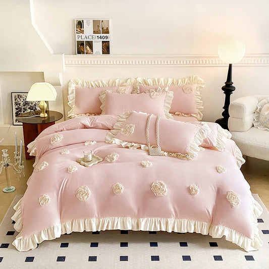 Decobites Pink Stereoscopic Bedding Set: Handwork Flowers Embroidery, Ruffle, Korean Style