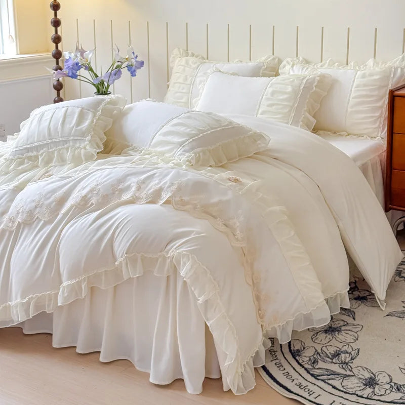 Decorbites™ Spitzen-Luxus-Bettrock-Set: Seidige einfarbiges Bettwäsche-Set für Einzel- und Doppelbetten