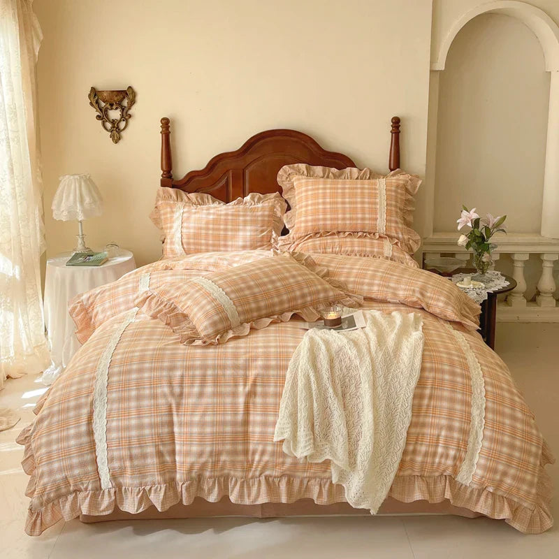 Decobites Plaid French Pastoral Cotton Bedding Set Full Queen King Size