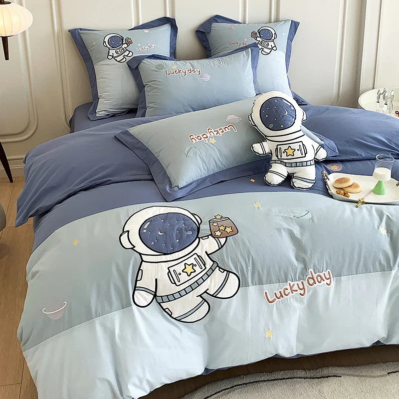Juego de cama infantil DecorBites™ con bordado de astronauta de dibujos animados, 100% algodón, funda nórdica individual, sábana bajera, fundas de almohada