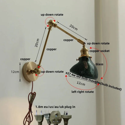 DecorBites™ Brass Swing Arm LED Wall Light Fixture with Rotatable Arms & Pull Chain Switch