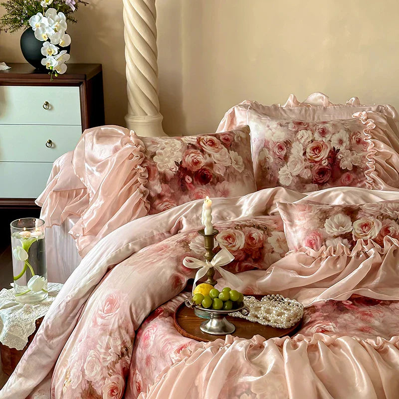 Decobites Vintage Rose Organza Lace Ruffles Bedding Set with Soft Lyocell Cotton Duvet Cover