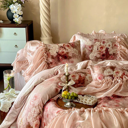 Decobites Vintage Rose Organza Lace Ruffles Bedding Set with Soft Lyocell Cotton Duvet Cover