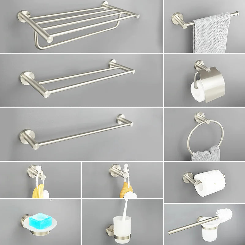 DecorBites™ Brushed Nickel Stainless Steel Bathroom Hardware Set Towel Bar Ring Holder Robe Hook