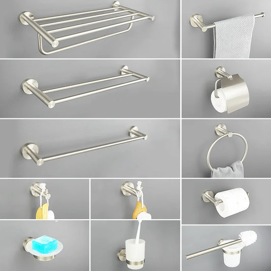 DecorBites™ Brushed Nickel Stainless Steel Bathroom Hardware Set Towel Bar Ring Holder Robe Hook