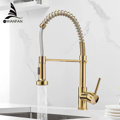 DecorBites™ Brass Spring Spout Kitchen Faucet with Single Lever Pull Down Mixer Tap