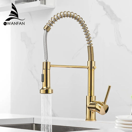 DecorBites™ Brass Spring Spout Kitchen Faucet with Single Lever Pull Down Mixer Tap