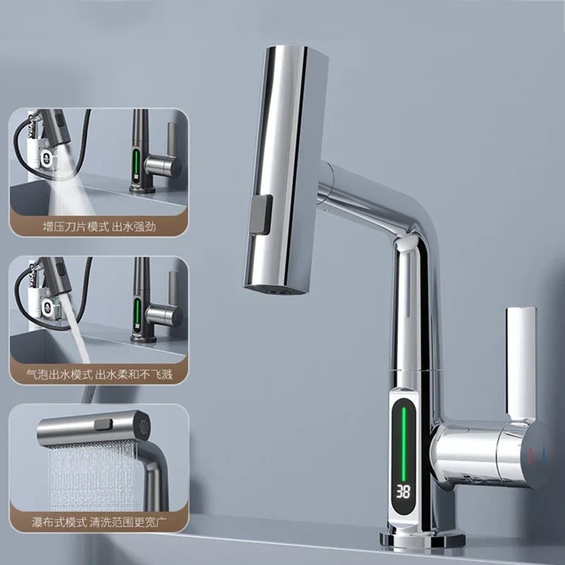 DecorBites™ Digital Display Waterfall Basin Faucet with Temperature Control and Lift Sprayer