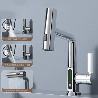 DecorBites™ Digital Display Waterfall Basin Faucet with Temperature Control and Lift Sprayer