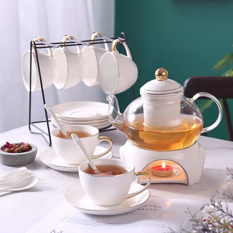 DecorBites™ Gold White Ceramic Tea Set with Glass Teapot - Elegant Teaware Collection