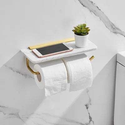 Soporte de pared para papel higiénico DecorBites™ Gold Marble, con caja de pañuelos y estante para baño.