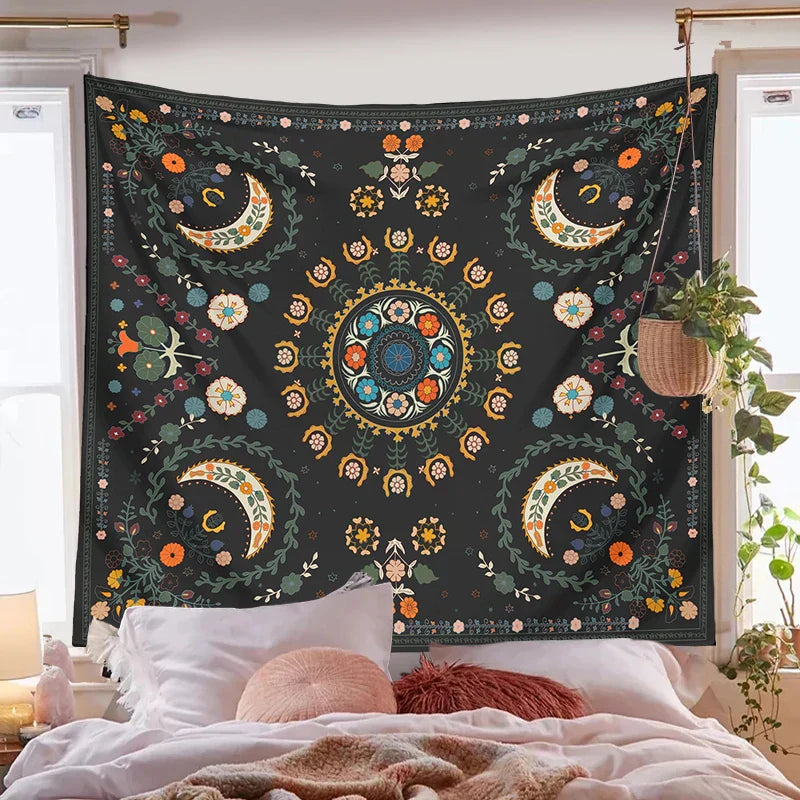 Botanical Celestial Floral Wall Tapestry by Decobites, Moon Phase Hippie Flower Dorm Decor