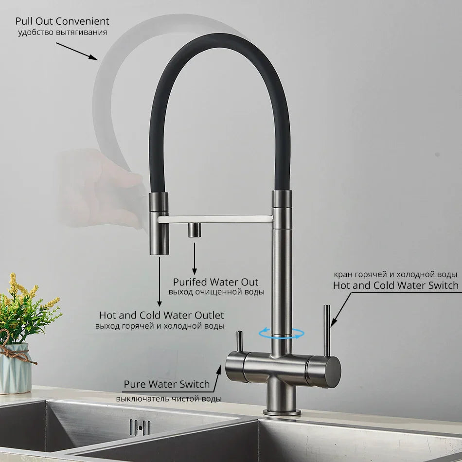 Grifo de filtro de agua de doble salida Decorbites™ para agua potable pura con función de rotación