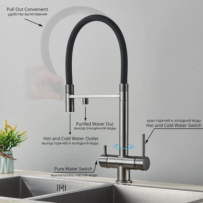 Grifo de filtro de agua de doble salida Decorbites™ para agua potable pura con función de rotación