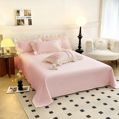 Decobites Pink Stereoscopic Bedding Set: Handwork Flowers Embroidery, Ruffle, Korean Style