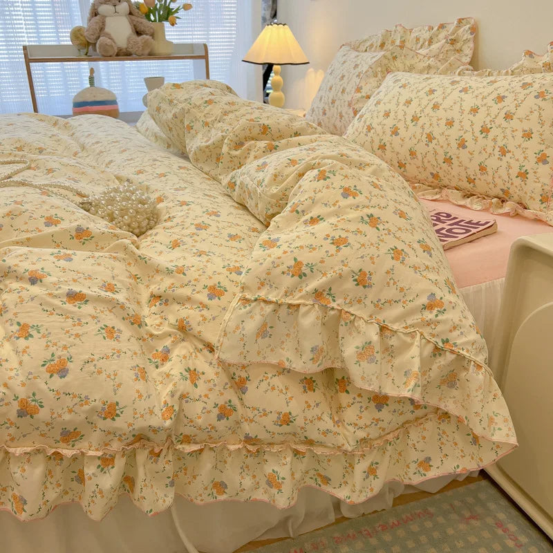 DecorBites™ Korean Princess Floral Print Bedding Set in Washed Cotton for Girls