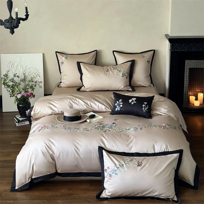 Decobites 1000TC Cotton Butterfly Flowers Embroidery Bedding Set with Duvet Cover, Sheet, Pillowcases