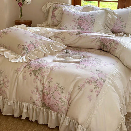 Decobites Vintage French Pastoral Lace Ruffles Bedding Set: Duvet Cover, Bed Sheet, 2 Pillowcases