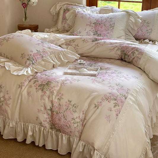 Decobites Vintage French Pastoral Lace Ruffles Bedding Set: Duvet Cover, Bed Sheet, 2 Pillowcases